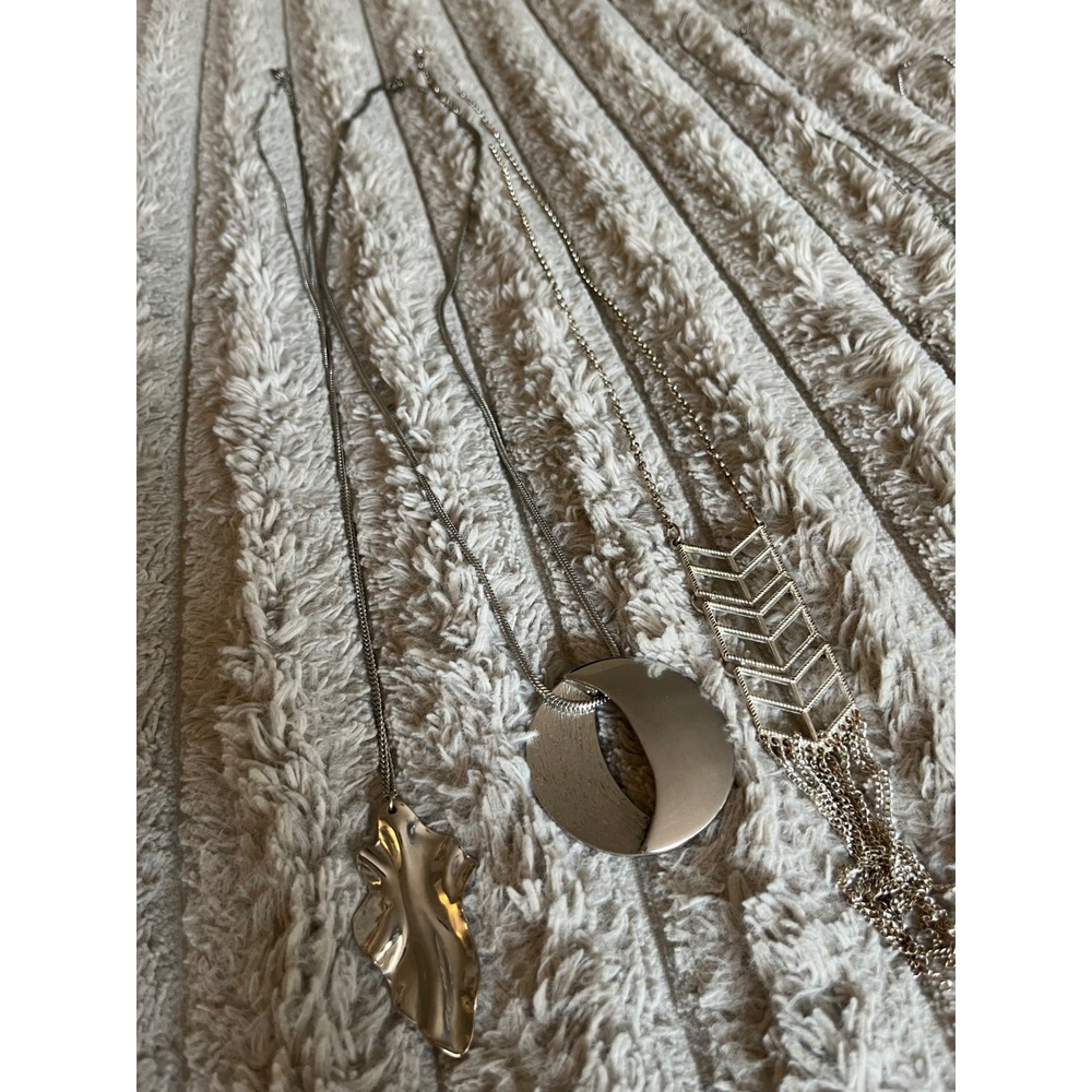 Silver Tone Fashion Necklace Lot 3 Geometric Chevron Fringe Leaf Disc Pendants